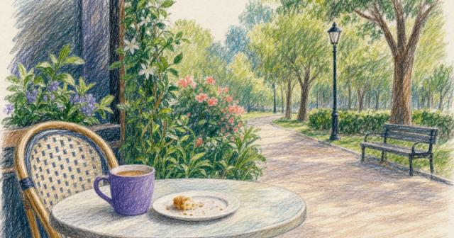 Woman walking a sunlit park path past a cafe table holding her half-finished breakfast