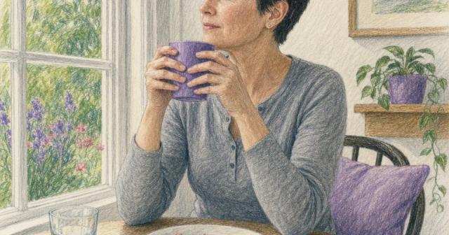 Woman pausing with a warm mug at a sunlit window table beside her breakfast plate