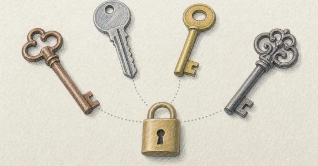 Four different keys fanned across linen, each pointing toward one small brass lock