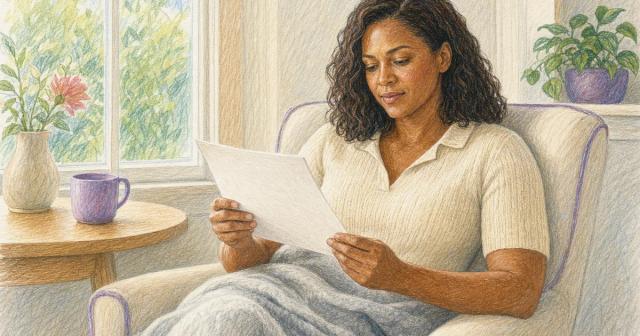 Woman reading calmly in a sunlit armchair, considering, not alarmed