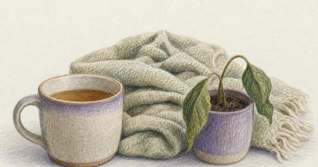 Cold mug of tea, folded blanket, and a drooping potted plant grouped together
