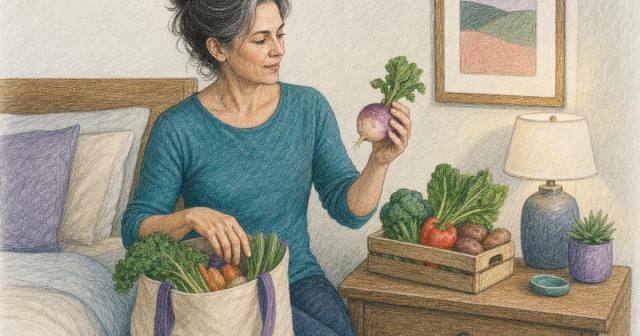 A person beside a bedroom nightstand in evening light sorting fresh produce from a market tote
