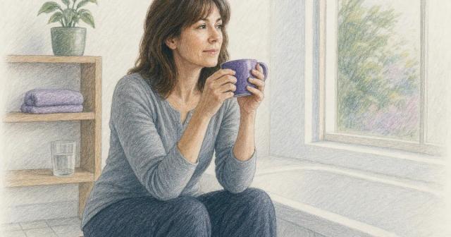 A person sits by a bathroom window with a warm mug beside a clean, spare shelf