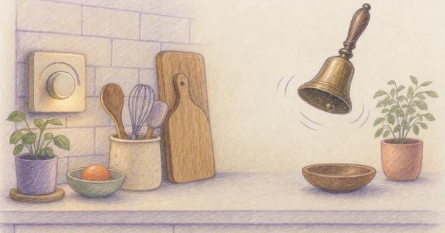 A warm light dimming low beside a small alarm bell ringing urgently