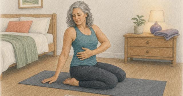 Person doing a gentle seated twist on a mat beside a bedroom nightstand in evening light