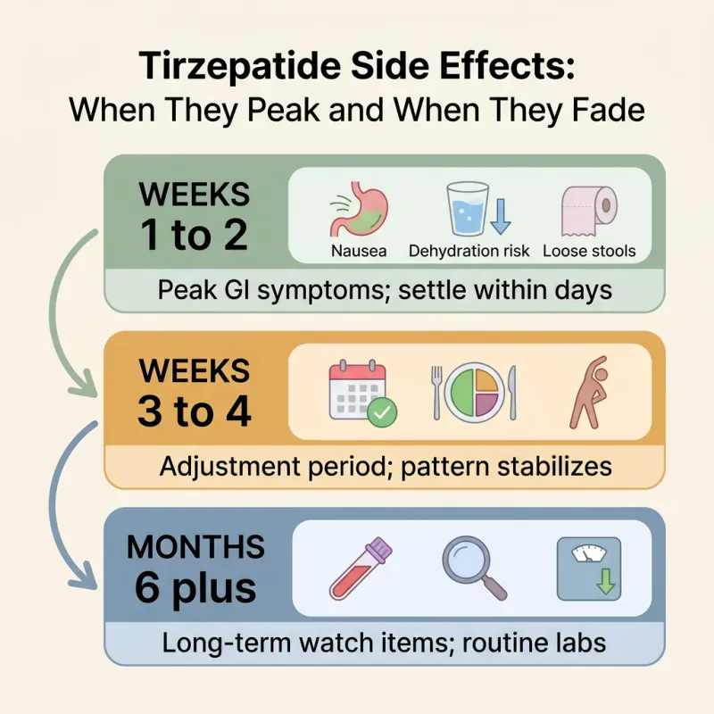 Three-tier infographic showing tirzepatide side-effect timeline: weeks 1-2 peak GI symptoms, weeks 3-4 adjustment period, months 6+ long-term watch items requiring routine labs