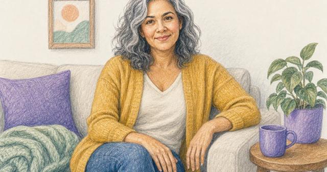 A woman sitting calmly on a couch resting one hand on her thigh