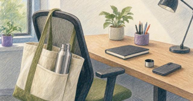 Stainless travel bottle in a canvas tote pocket on a chair, cap resting on an office desk
