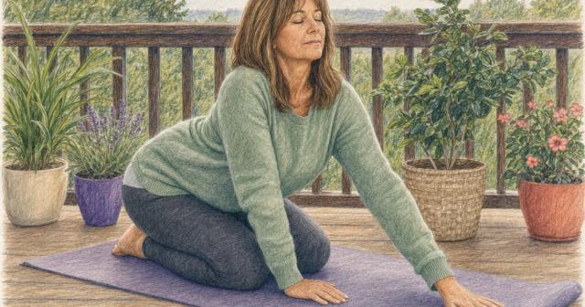 Woman pausing halfway through a gentle stretch on a yoga mat on a porch