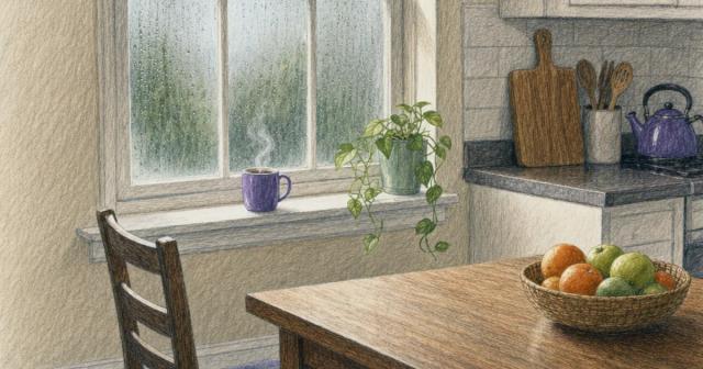 Kitchen window with mist on the lower panes and clear bright sky above