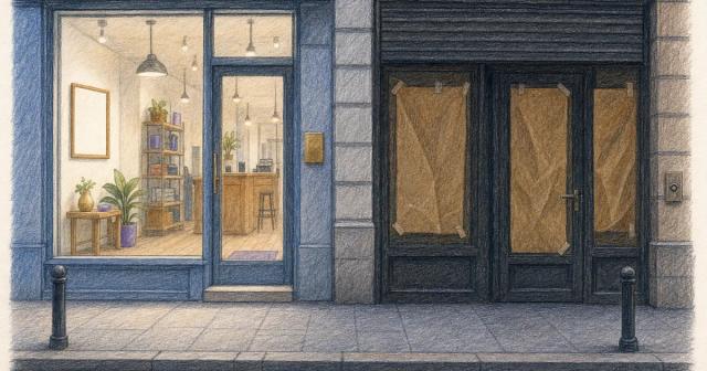 Two neighboring storefronts at dusk, one lit and open, one dark with paper over the glass