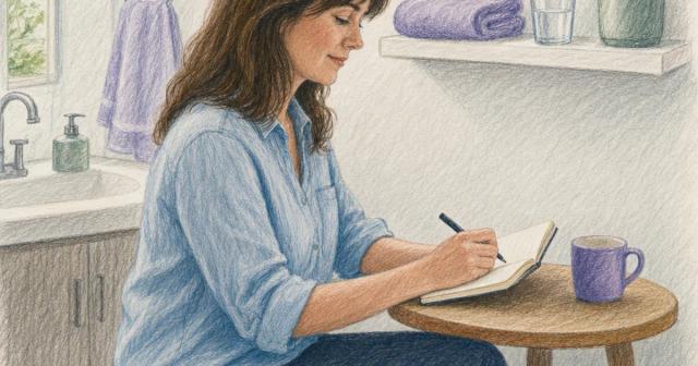 Person writing in a notebook at a small table beside a clean, spare bathroom shelf