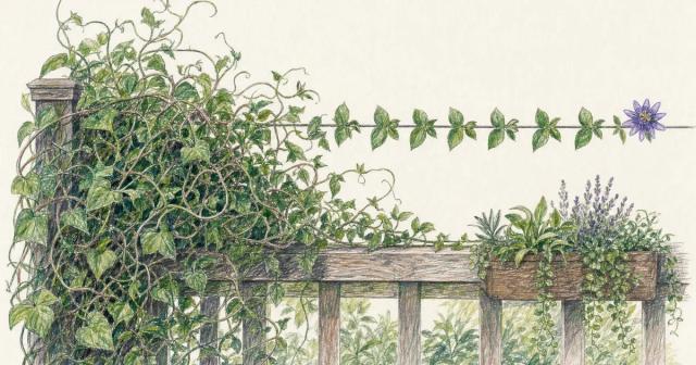 Wild vines trained onto one straight garden guide-wire