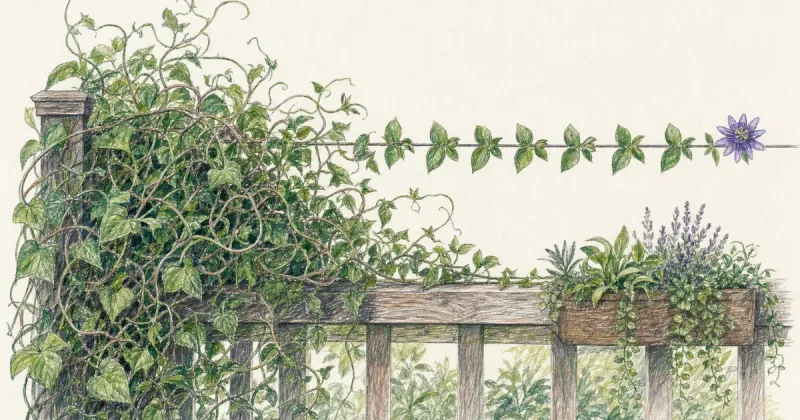 Wild vines trained onto one straight garden guide-wire