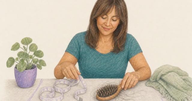 Cloth tape measure beside a hairbrush with loose strands on linen
