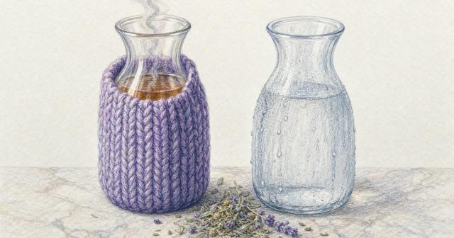 Two identical glass carafes on a counter, one steaming and one frosted with condensation