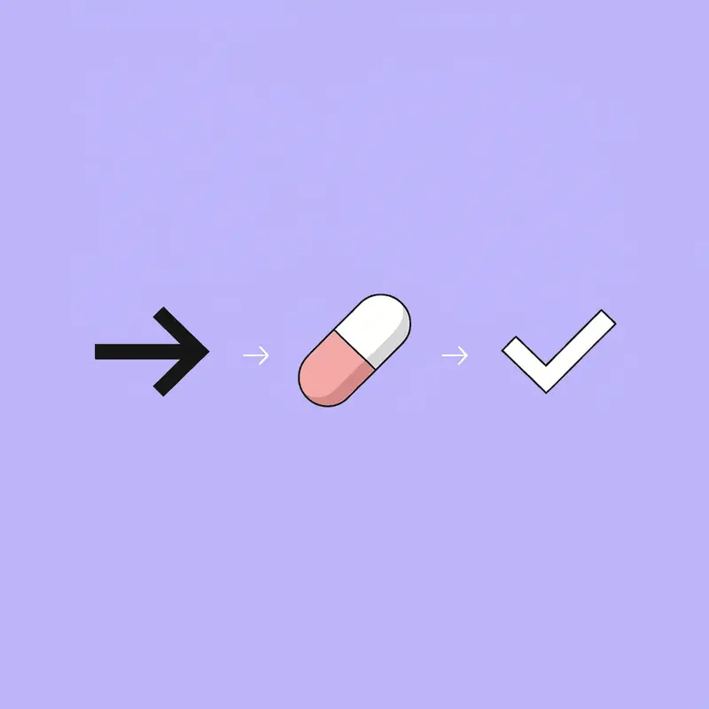 Three connected steps: syringe with prohibition symbol, pill bottle, and patient with checkmark