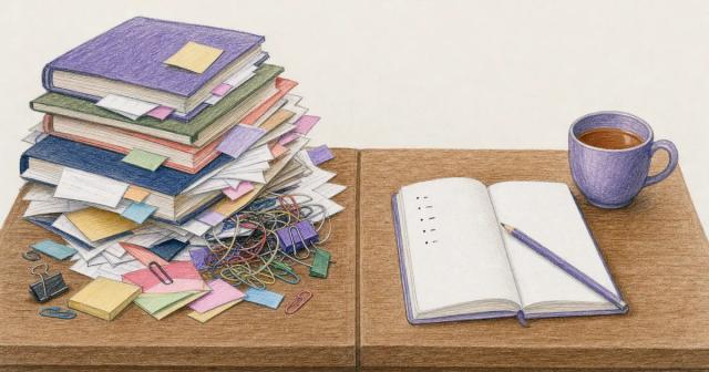 Cluttered stack of notebooks beside one simple open notebook with a pencil and a mug