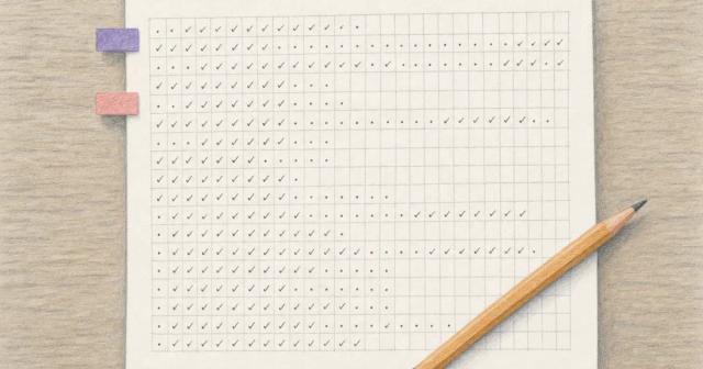 Overhead view of an unlabeled paper grid chart marked with pencil dots and ticks in uneven runs