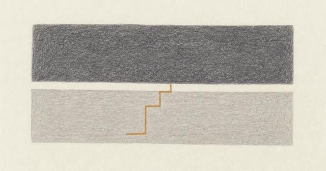 Hand-drawn diagram of a stepped line stopping in a narrow gap between two shaded bands