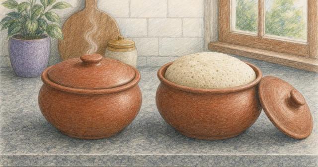 Two clay pots on a counter, one lidded with escaping steam, one open showing risen contents