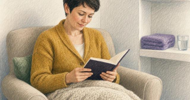 Woman under a blanket in an armchair reading a notebook beside a bare bathroom shelf