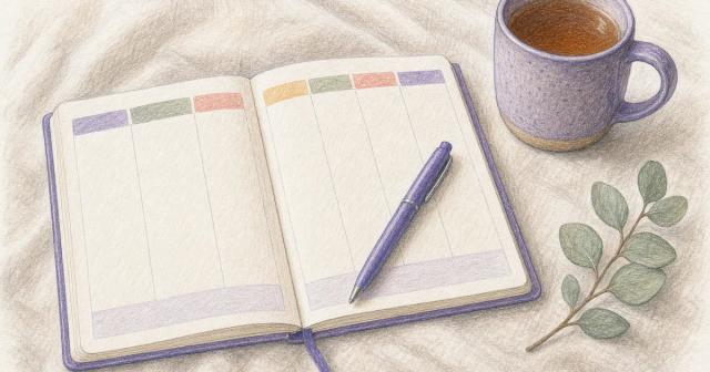 Open weekly planner and a mug of tea on a linen surface in soft light