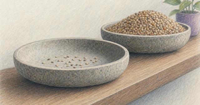 Two identical stone bowls side by side, one holding a few seeds, one heaped full.