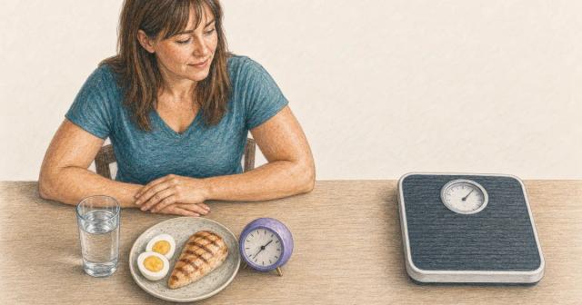 Water, protein plate, and clock grouped together beside a separate lone bathroom scale