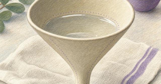 Ceramic funnel holding a pool of liquid with one slow drip at the spout