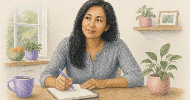 A woman sits thoughtfully at a kitchen table with a notebook