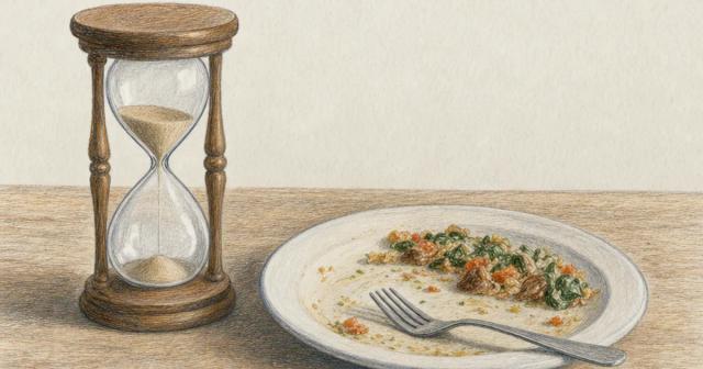 Hourglass with sand just starting to fall beside a plate of half-eaten food with fork set down