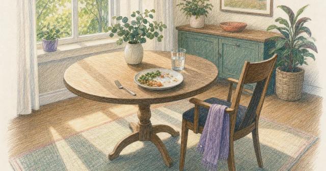 A quiet dining nook with a half-eaten meal and the fork set down on the table beside it