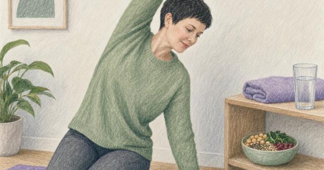 Person stretching on a mat beside a spare bathroom shelf with a small bowl of food
