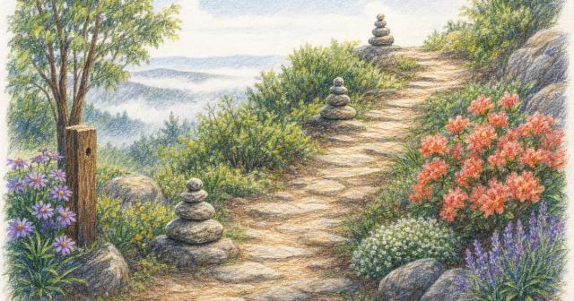 Winding path with three stone milestones leading from mist to a bright overlook