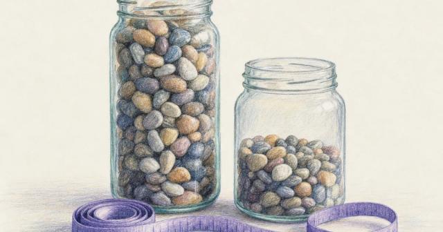 Two glass jars of pebbles, one nearly full and one a third full, beside a coiled measuring tape