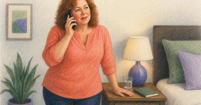 A person stands beside a bedroom nightstand in evening light, talking on the phone