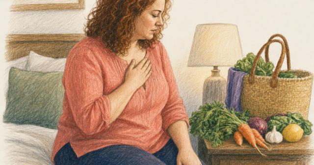 Person sitting on a bed beside a nightstand of market produce, hand on chest