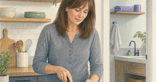 Woman slicing a lemon at her kitchen counter, a spare bathroom shelf visible through the doorway