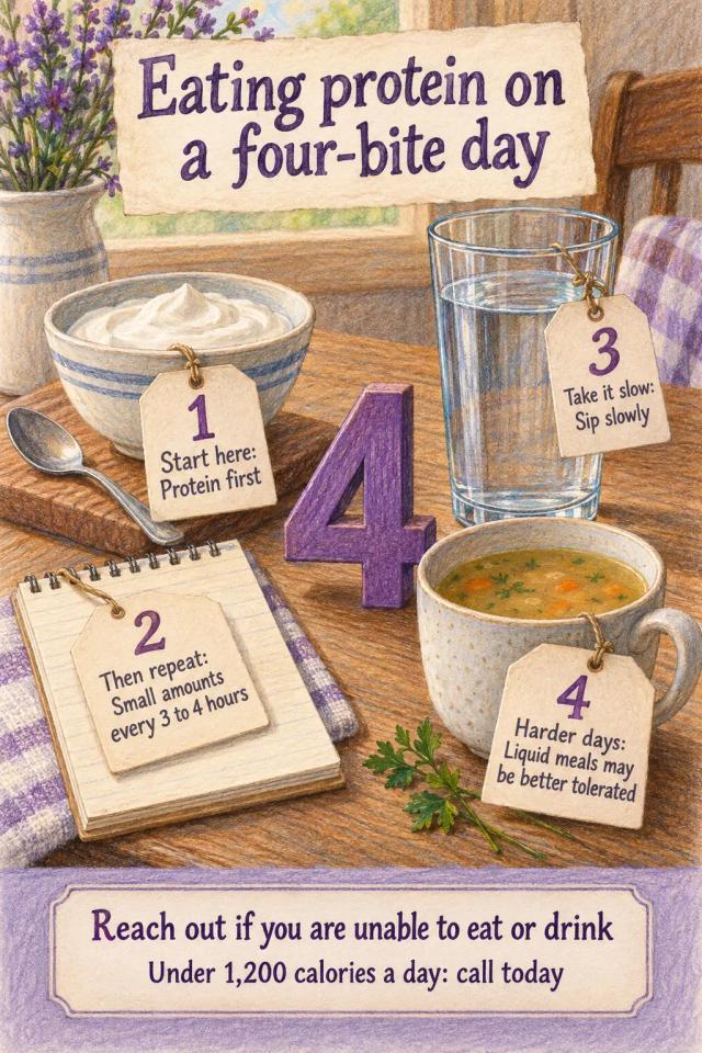 Four steps in order: protein first, small amounts every 3 to 4 hours, sip slowly, liquids on harder days.