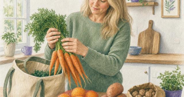 Woman unpacking carrots and oranges from a market tote onto a sunlit kitchen counter