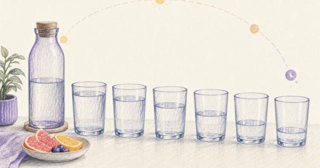 Row of water glasses emptying across the day beside a glass bottle and fruit