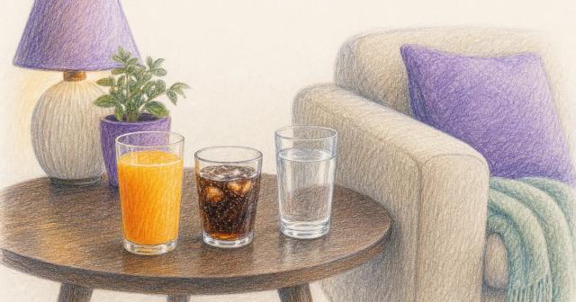 Glass of juice and soda kept within reach on a side table by a couch