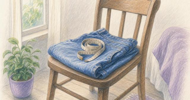 Folded looser jeans with a coiled cloth tape measure in morning light
