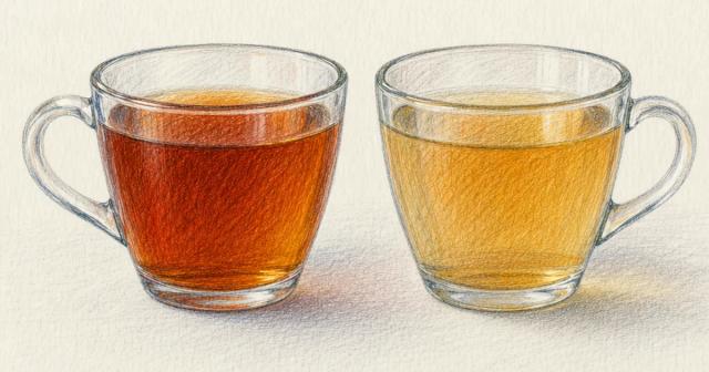 Two identical tea cups side by side, one darker than the other.
