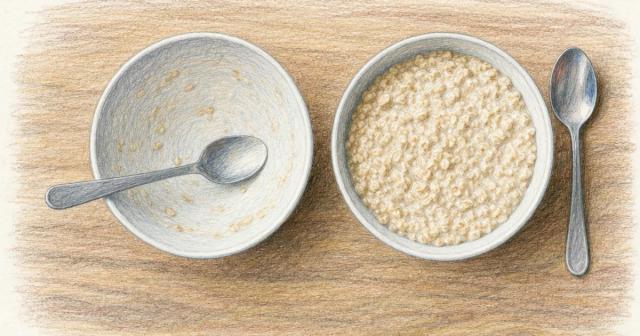 Two identical oatmeal bowls side by side, one nearly empty and one untouched
