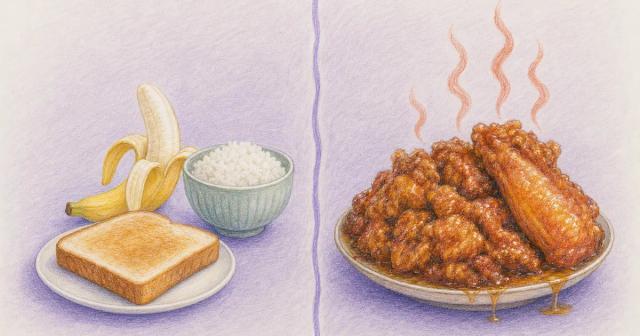 Plain toast, banana and rice beside a greasy steaming fried dish