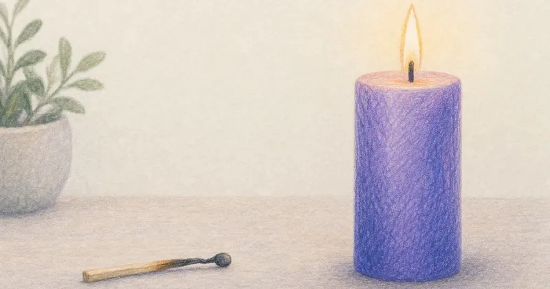Spent matchstick beside a steadily burning pillar candle