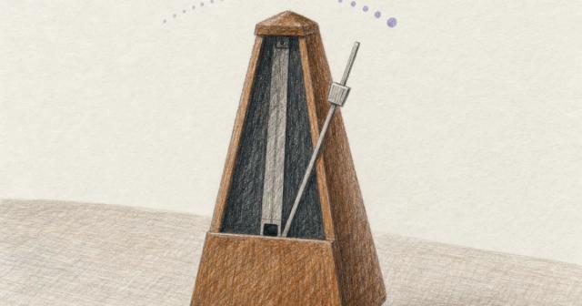 Wooden metronome mid-swing on a linen tabletop with a dotted tempo arc