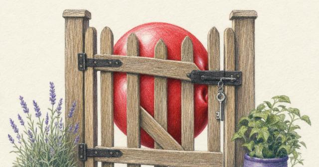 An over-inflated red balloon pressed against a closed, latched garden gate with a key on the latch